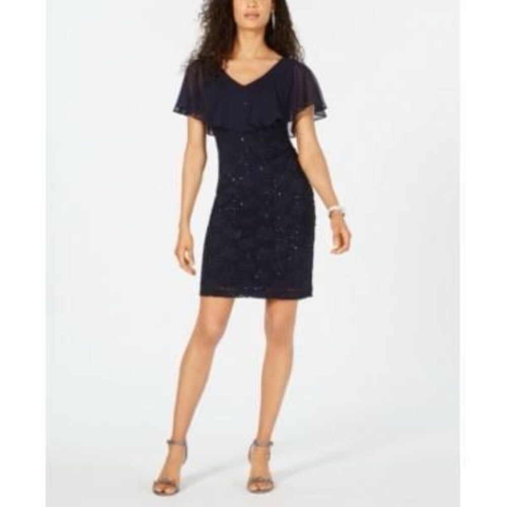 CONNECTED APPAREL Womens Navy Sequined Lace Short Sleeve V Neck Short Cocktail S